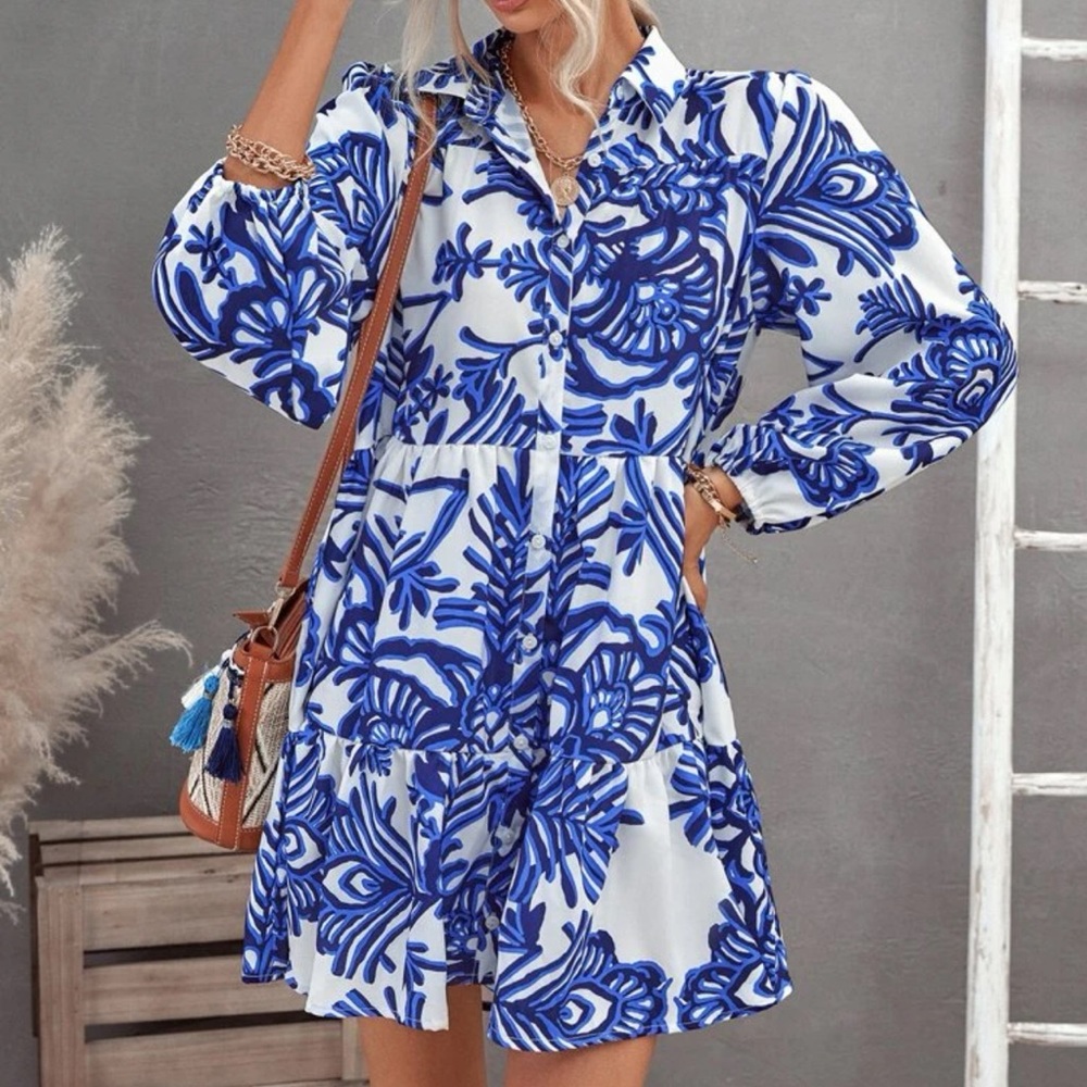 Long sleeve button up lantern sleeve mini dress floral print white blue boho